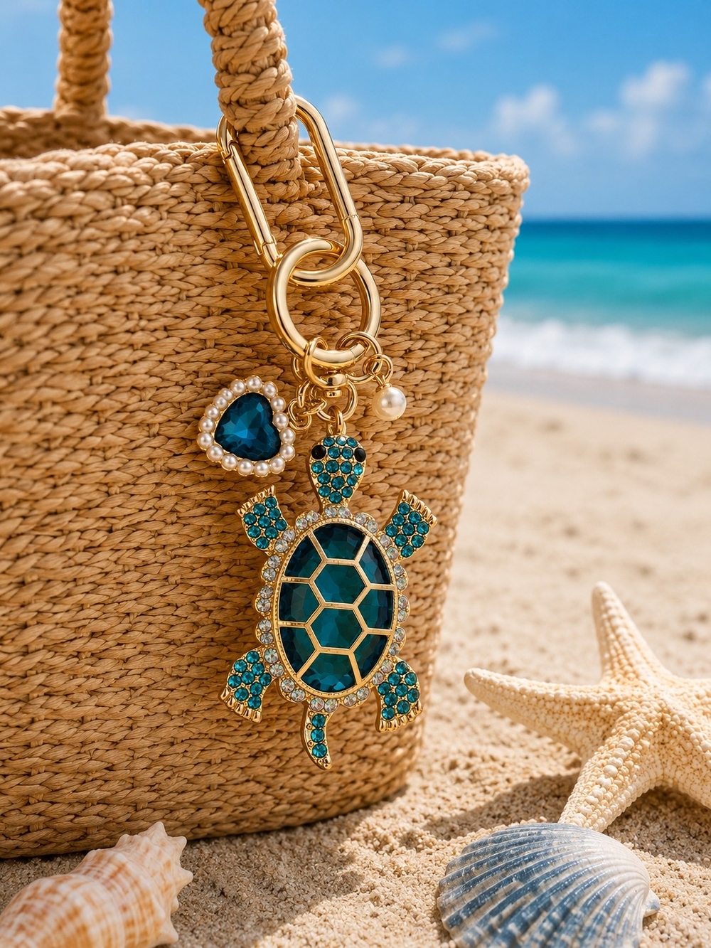 Teal Turtle Keychain Bag Charm with Gold Accents